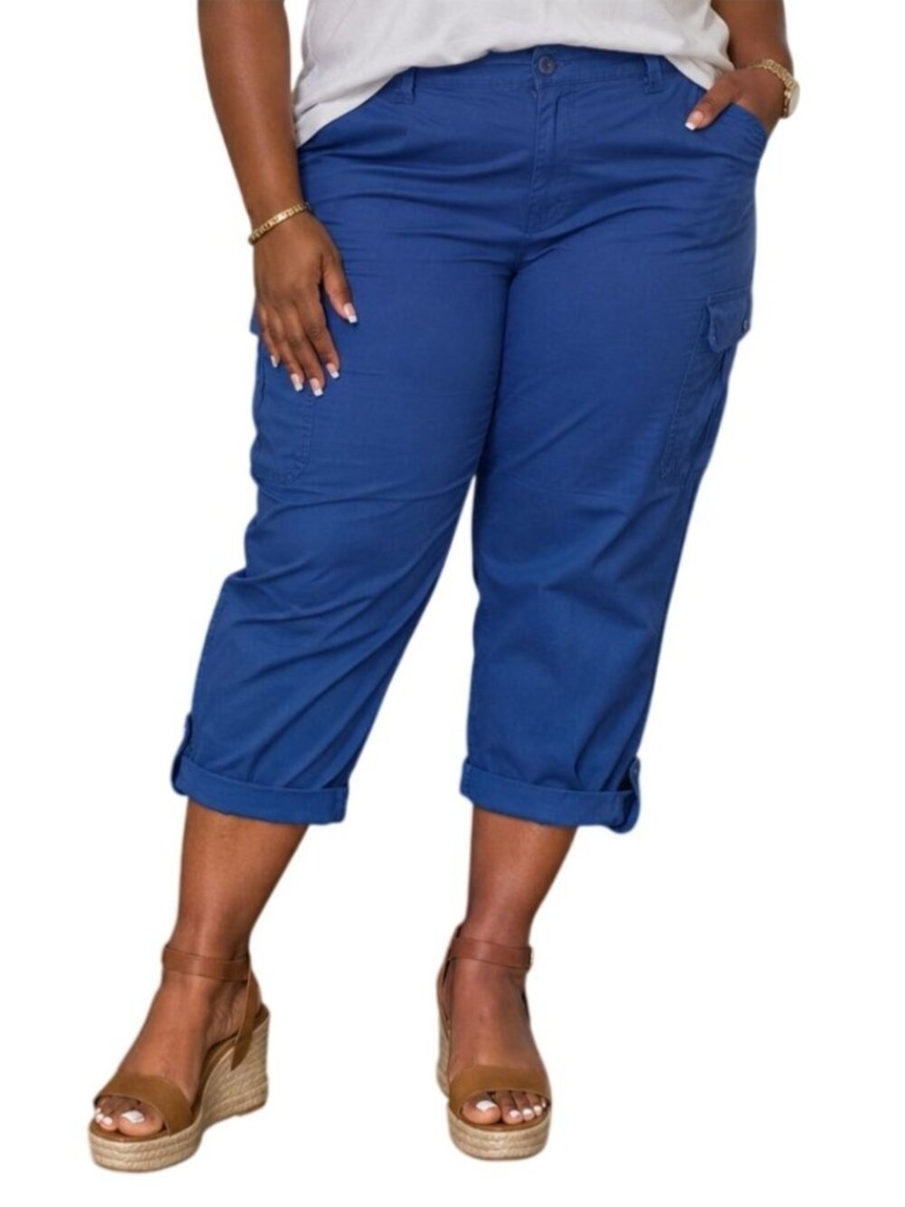 St. Johns Bay Plus Size 20W Capri Pants Cargo Style Blue Adjustable Roll-Tab Hem